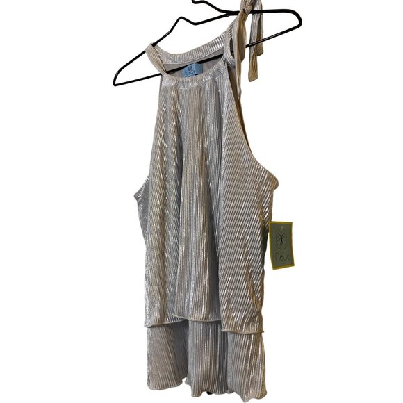 New Cece Metallic Silver layered tank top with tie‎ neck Sz L - Picture 2 of 10